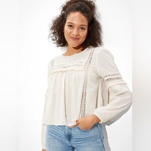 American Eagle Outfitters Cream Lace-Trim Peasant Blouse